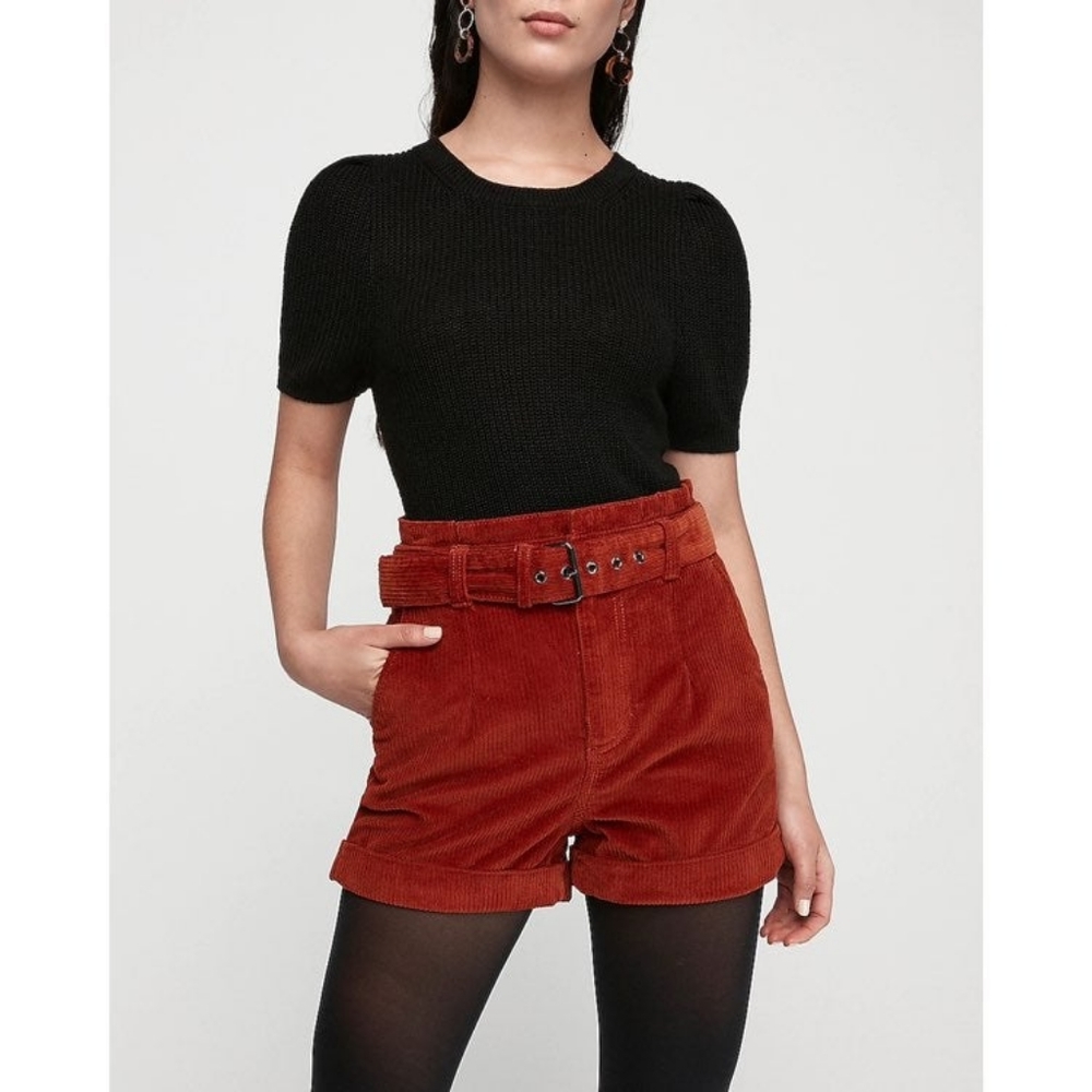 Express Burgundy High Waisted Belted Corduroy Shorts